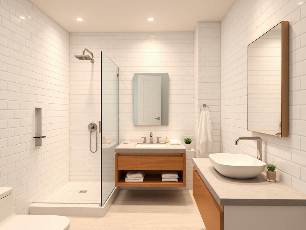 Renovated bathroom with walk-in shower and vanity