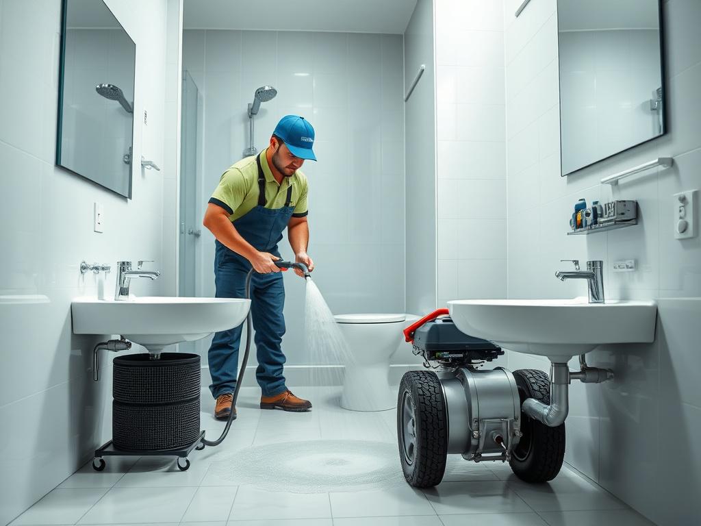 High-pressure drain cleaning hose used in a tiled bathroom