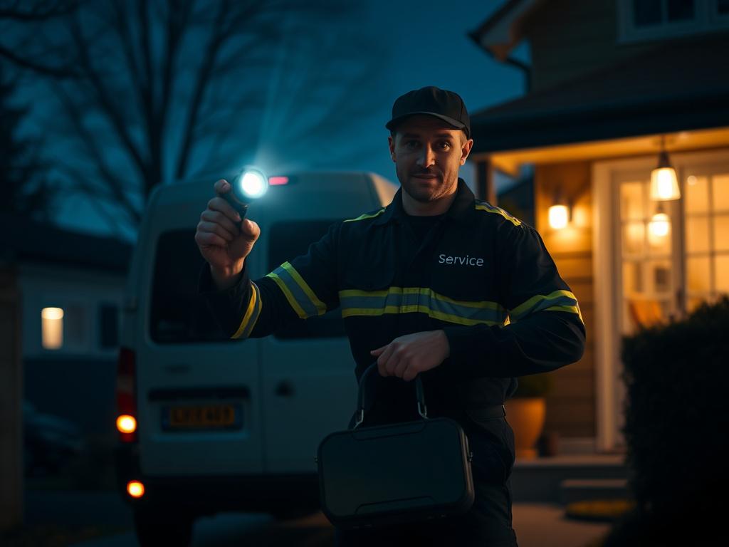 Emergency plumber arriving at night with toolbox