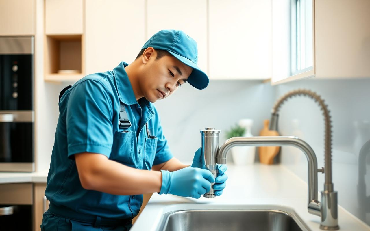 Tidewell technician fitting an under-sink filter in a bright Kuala Lumpur kitchen