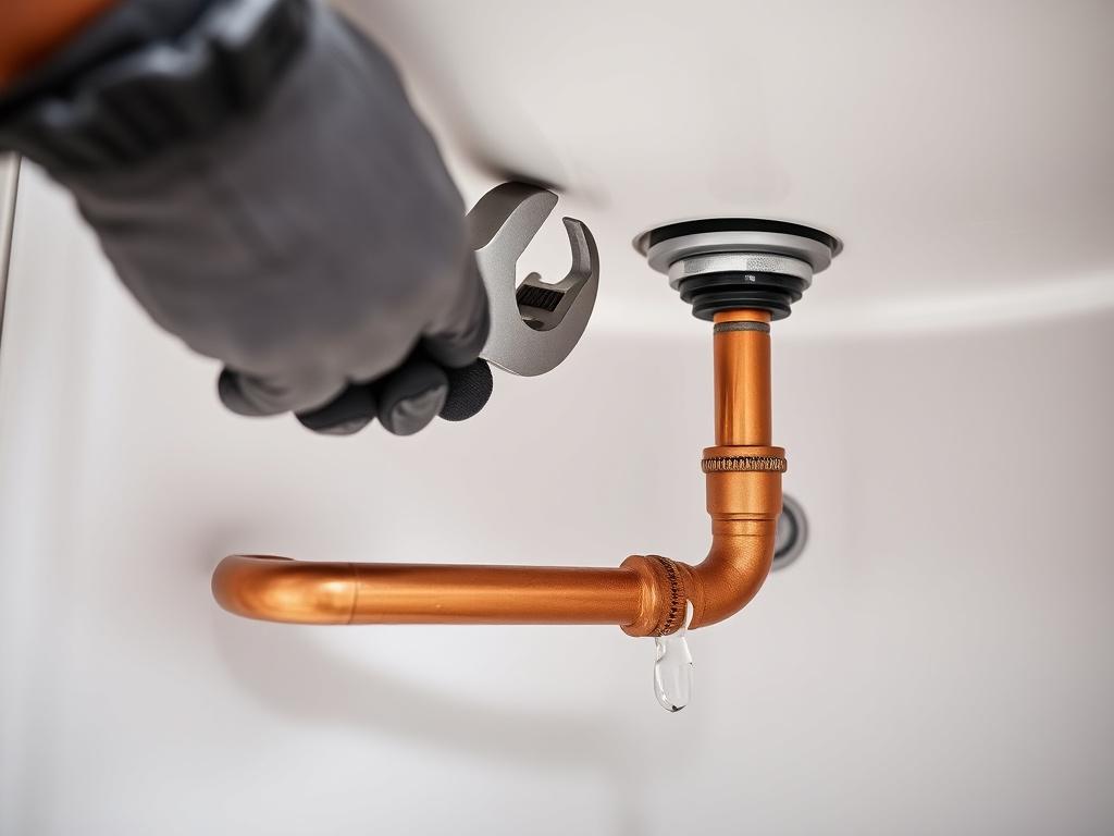 Plumber's hands tightening a copper joint under a sink