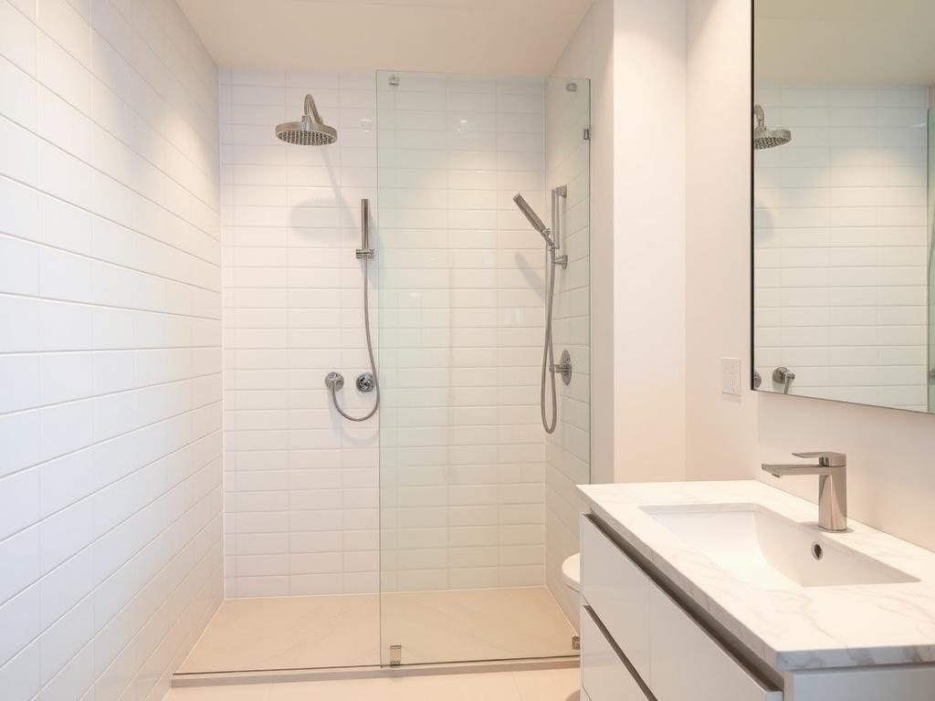 Newly tiled bathroom with floating vanity
