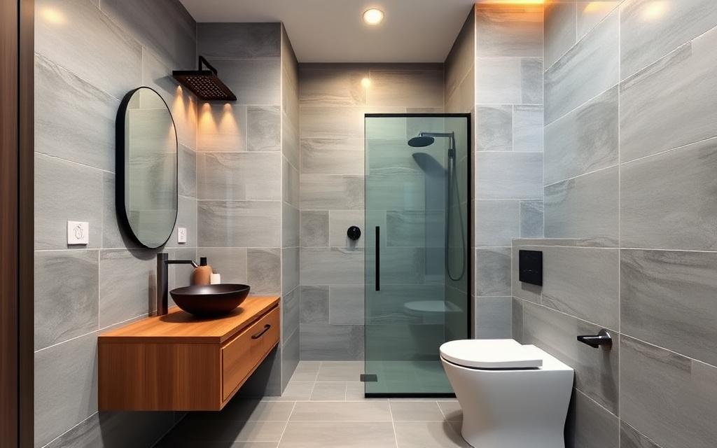 Freshly renovated bathroom with new tiling and fixtures