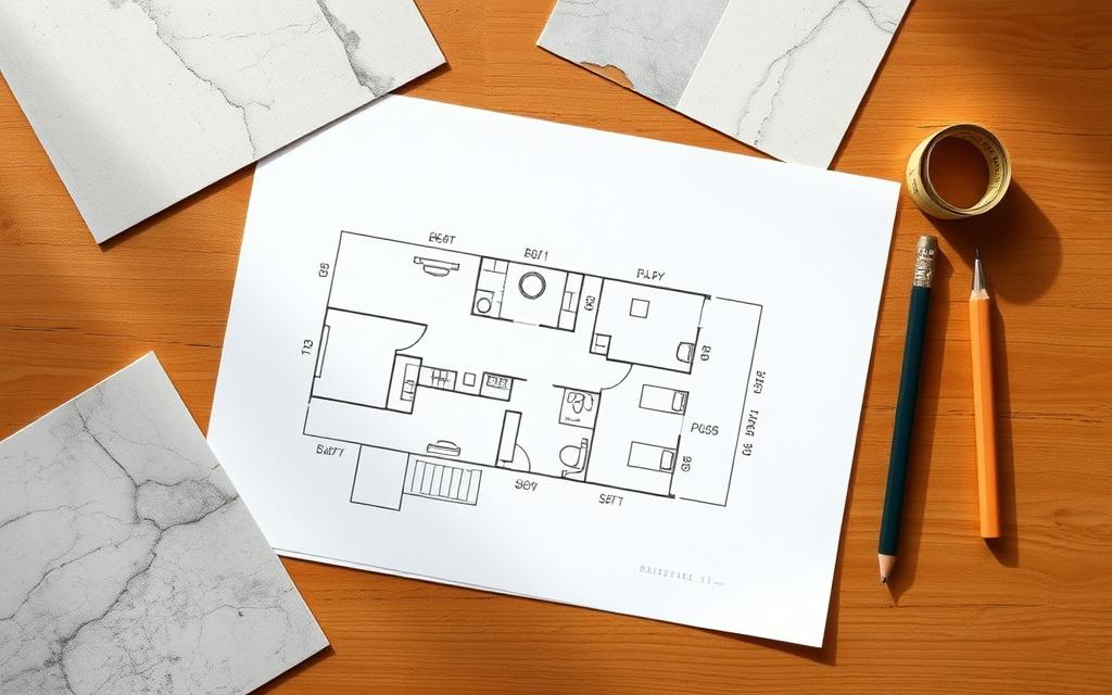 Bathroom renovation plan sketch with tile samples on a table