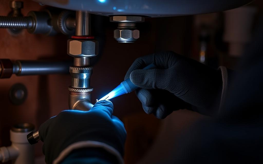 Technician soldering a copper pipe joint under a sink