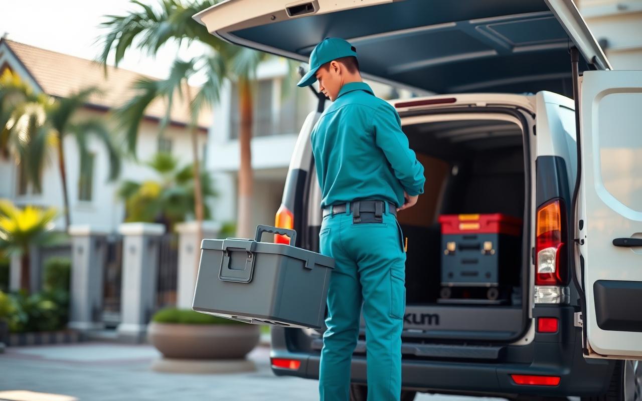 AquaMend plumber unloading tools from a service van outside a Kuala Lumpur home