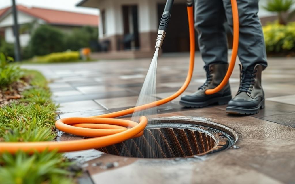 High pressure water jetting machine clearing an outdoor drain