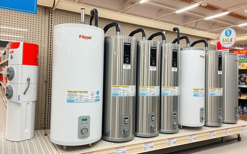 Row of water heaters on display in a Malaysian appliance store