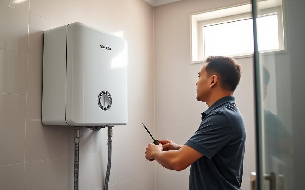 Plumber servicing a wall mounted water heater in a bathroom