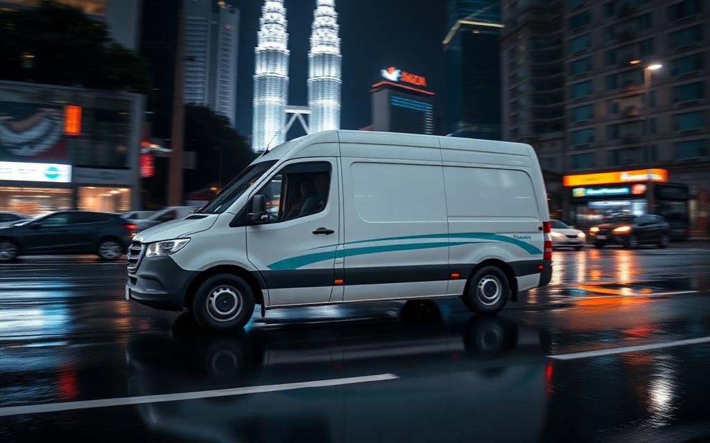 AquaMend service van driving through the city at night