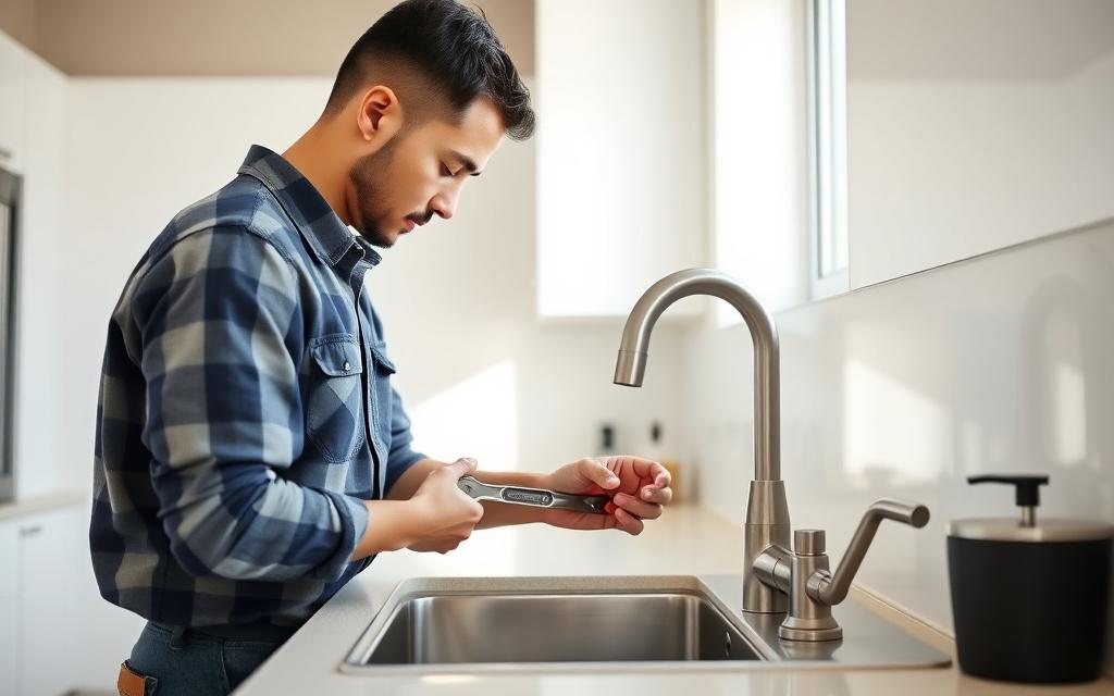 Plumber installing a new kitchen sink and tap